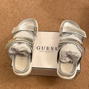 GUESS Silver Metallic Double-Strap Slide Sandals with Gold Logo